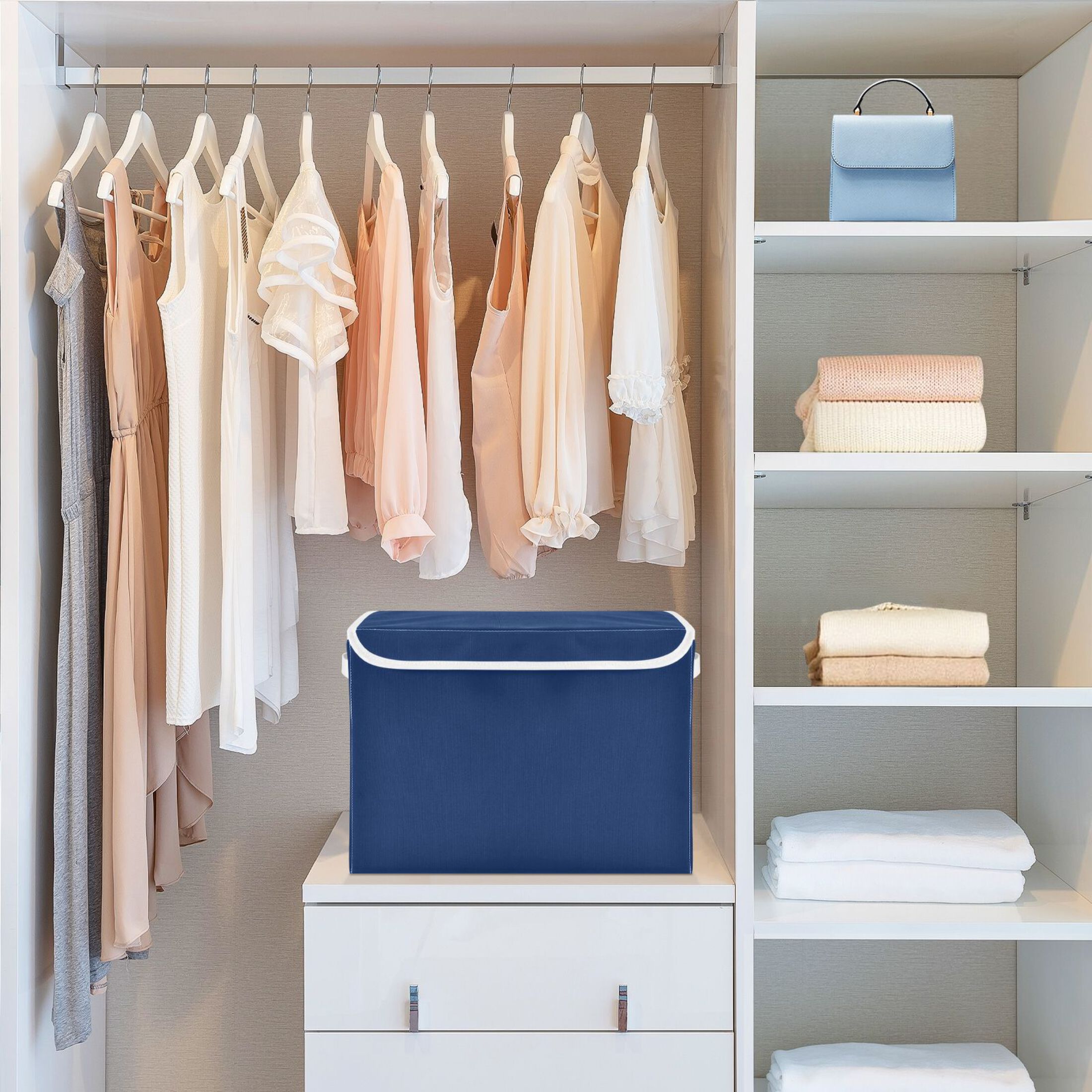 Ryvnso Dark Blue Paint Large Lidded Foldable Storage Baskets Cubes Boxes Lids Bin for Home