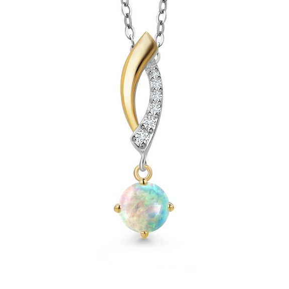 Gem Stone King 925 Silver and 10K Yellow Gold White Opal and White Lab Grown Diamond Pendant Necklace for Women | 0.53 Cttw | Gemstone October Birthstone | Round Cabochon 5MM | With 18 inch Chain