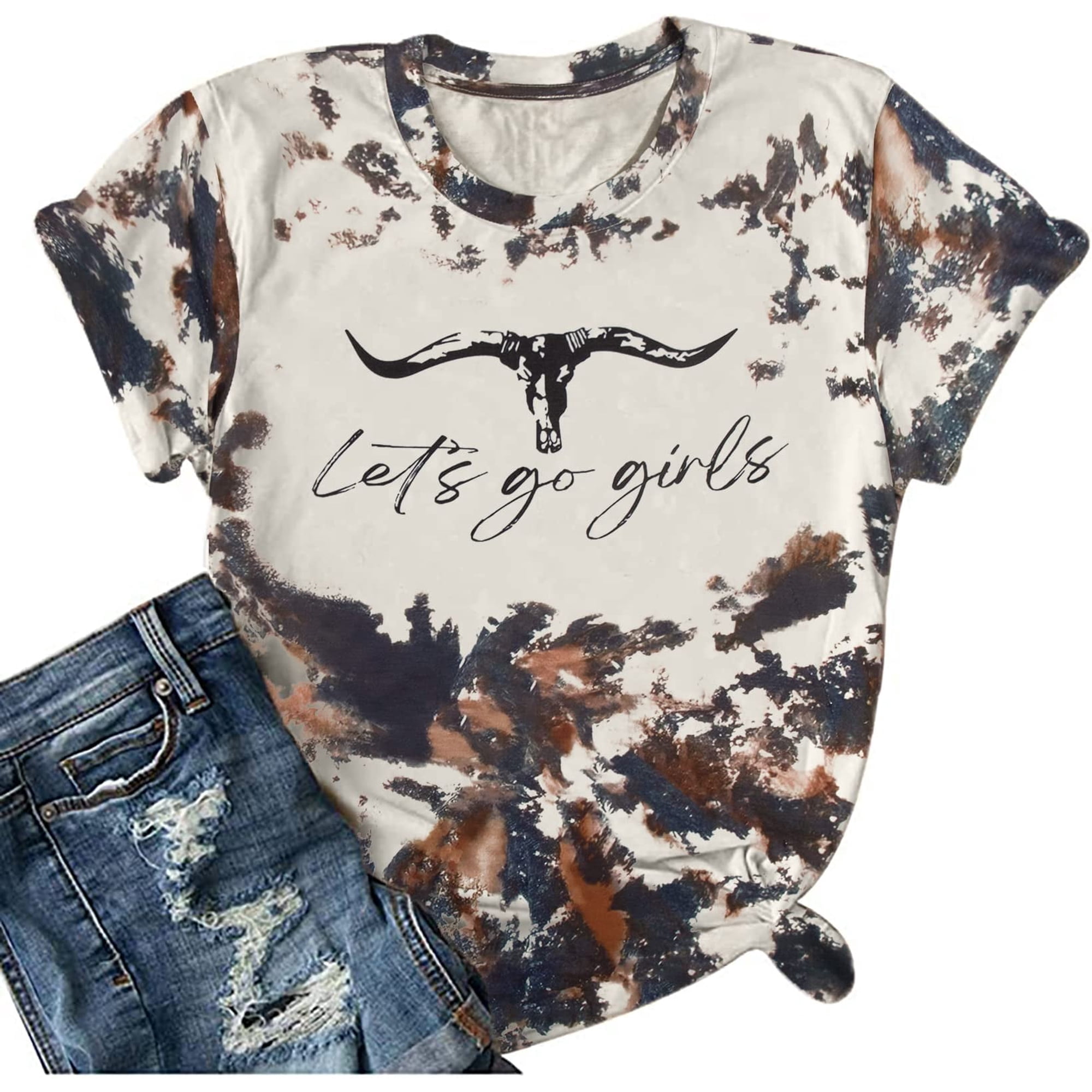 DEXIO Let's Go Girl Shirt Women Western Bleached T-Shirt Retro Country Music Tee Cowgirls Short Sleeve Tops