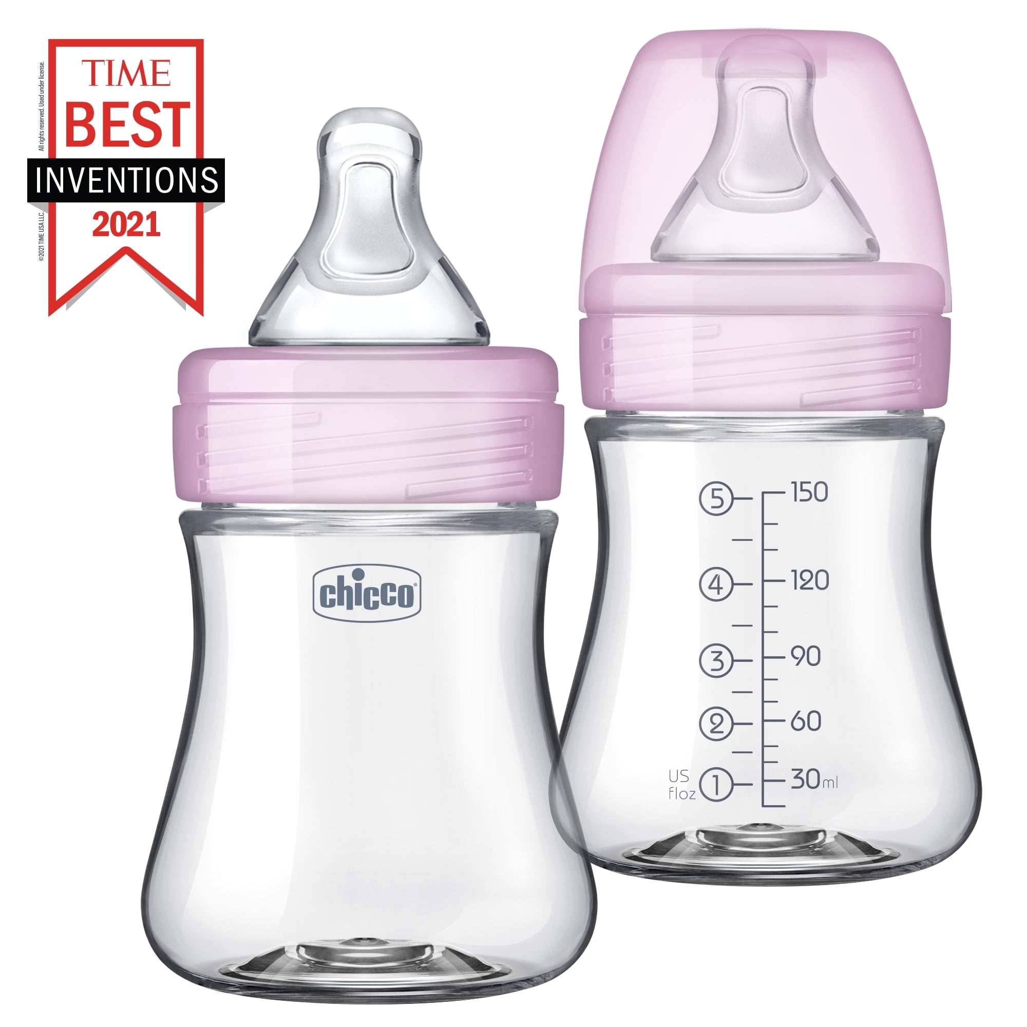Chicco Duo 5oz. 2-Pack Hybrid Baby Bottles with Invinci-Glass Inside/Plastic Outside in Pink