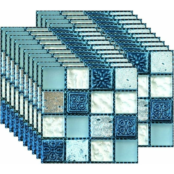 Jinsinto20PCS Tile Sticker, Self Adhesive Self Adhesive Heat Resistant Waterproof Backsplash Wallpaper for Kitchen Bathroom Mosaic Stick Blue (10 x 10 cm / 4 x 4 inch),