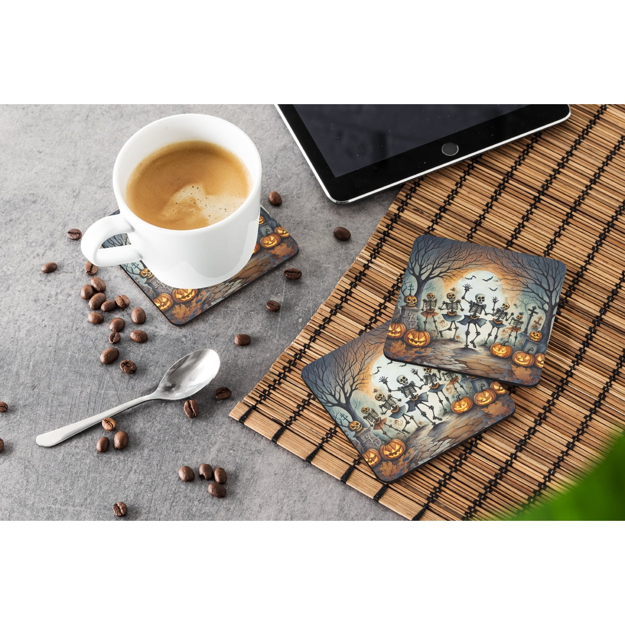 Dancing Skeletons Spooky Halloween Foam Coaster Set of 4 3.5 in x 3.5 in