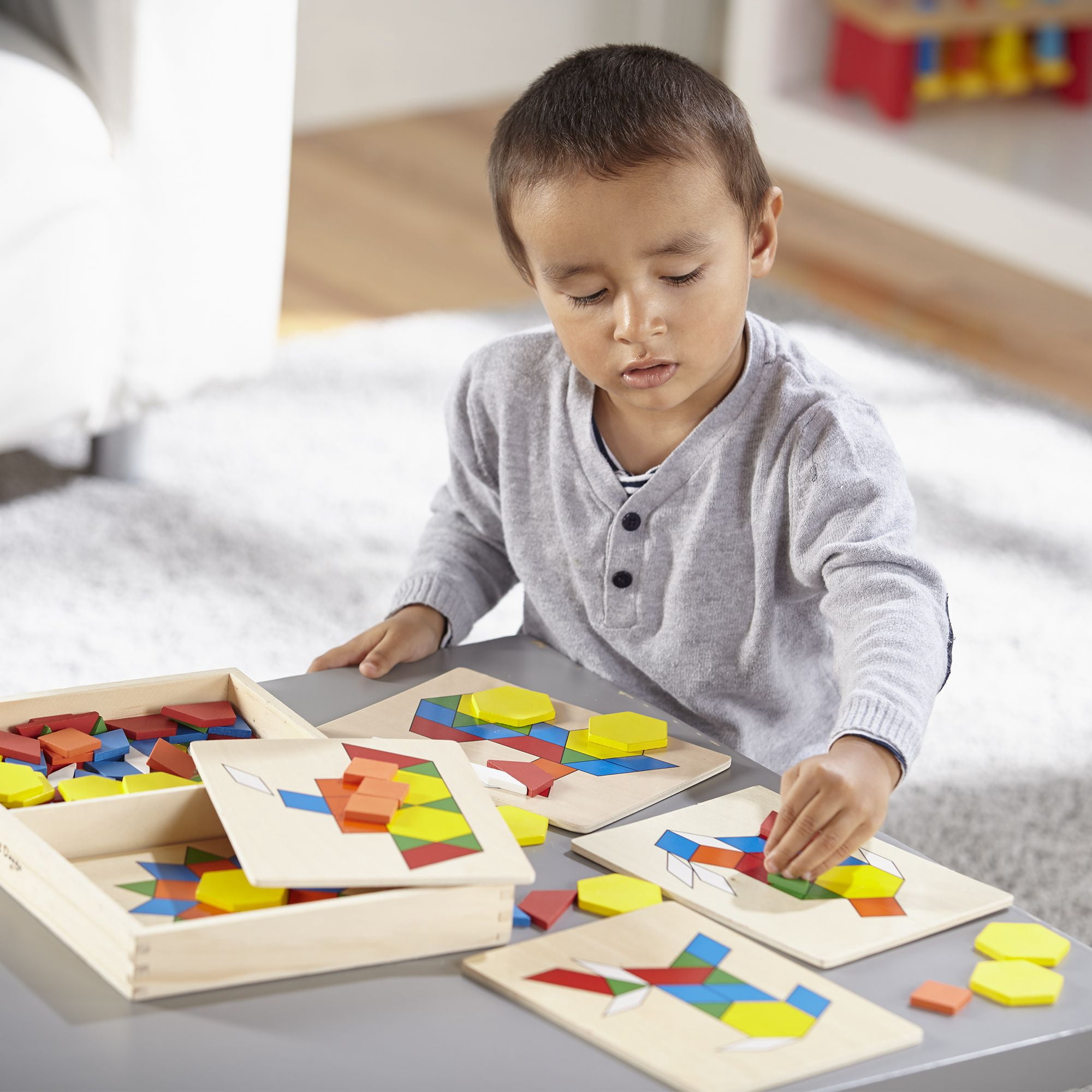 wooden pattern blocks and boards