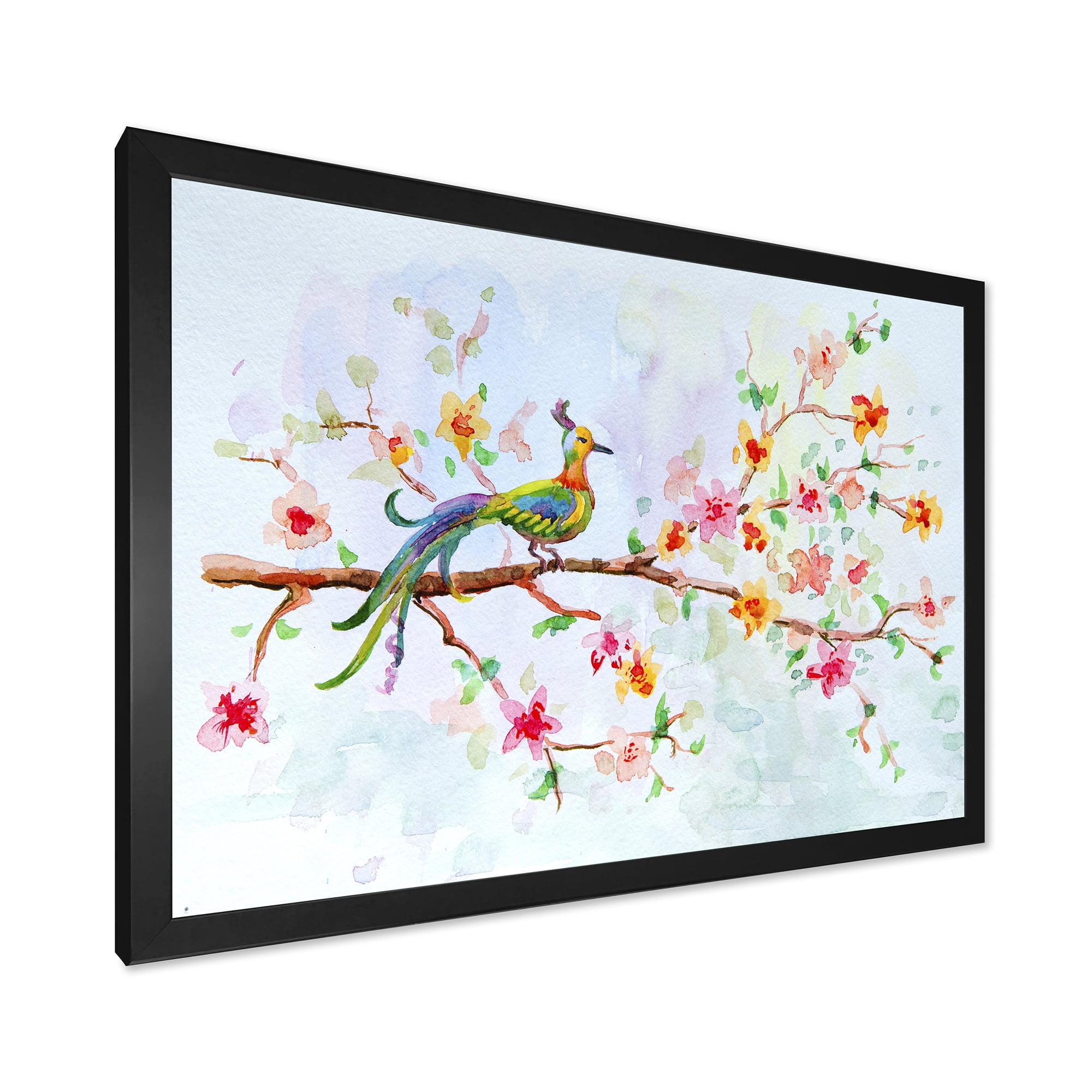 Designart 'Little Bird Sitting On Blooming Branch' Traditional Framed Art Print