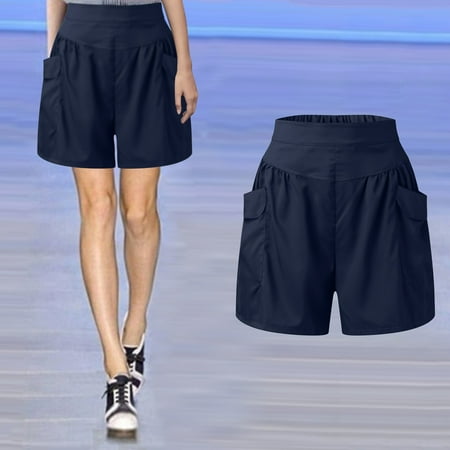 

eczipvz Shorts for Women Women s Plus Size Solid Drawstring Waist Rib Knit Pajama Lounge Shorts Dark Blue L