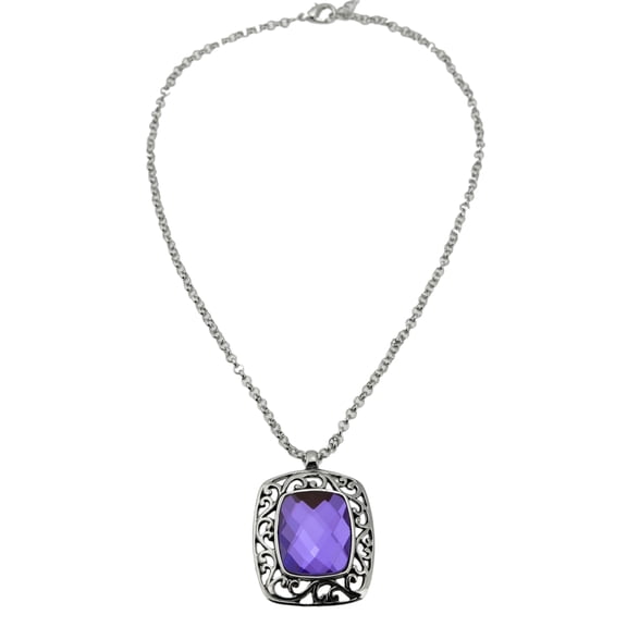 Elegant Purple Glass Crystal Pendant Necklace with Vintage Scroll Design, 18"   3" Extender Jewelry Necklace Silver