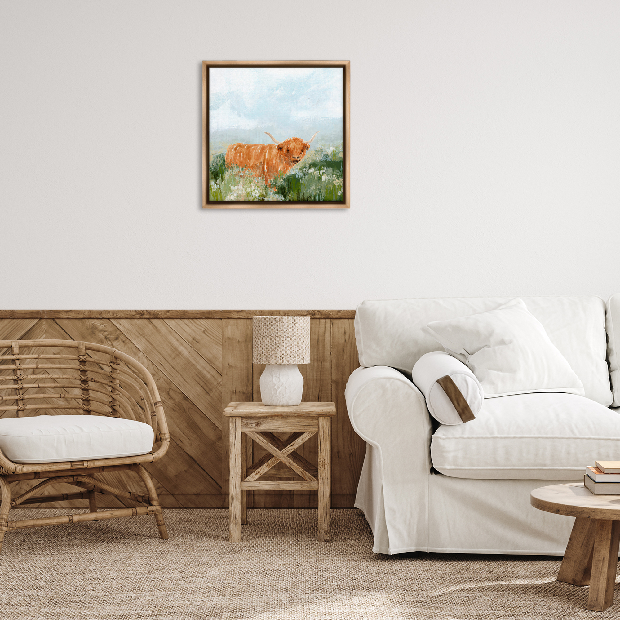 Stupell Industries Longhorn Cattle Country Field Animals & Insects Painting Brown Floater Framed Canvas Art Print Wall Art, 25 x 25