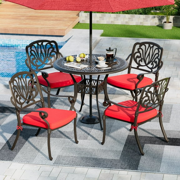 Haverchair 5 Piece Outdoor Dining Set Cast Aluminum Patio Dining Set Table and Chairs Outside Furniture 4 Chairs with Red Cushions and 1 Umbrella Round Dining Table for Lawn Garden Patio