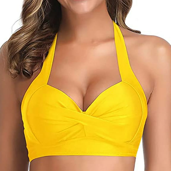 Women's Athletic Swim Bralette Modest Bikini Tops Womens Fashion Sexy Solid Color Swimsuit Halter Backless Bikini Tops Yellow XL