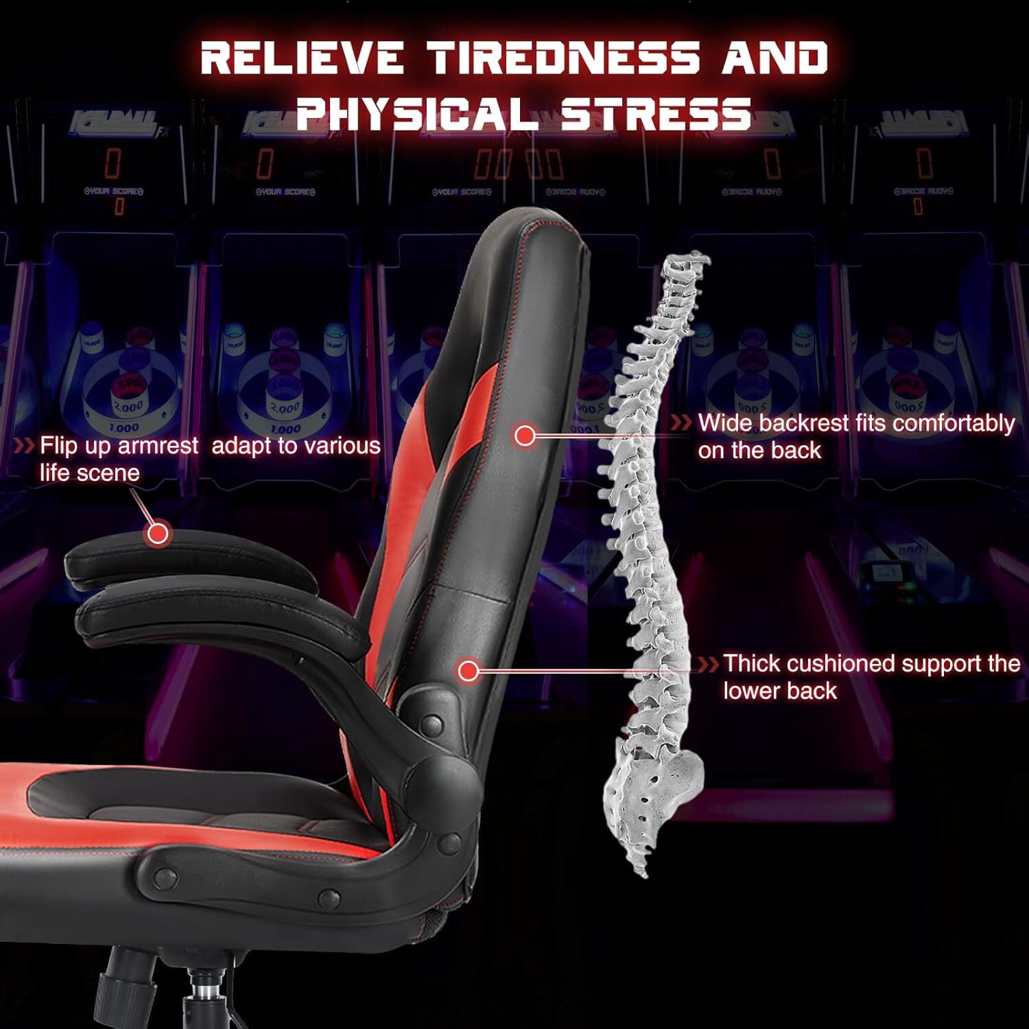 AENKYO Gaming Chair, Computer Chair Ergonomic Office Chair PU Leather Desk Chair Executive Adjustable Swivel Task Chair with Flip-up Armrest, Red