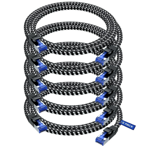 Ethernet Cable Cat 7, 3 ft, 5 Pack,Easy-Hide Flat Super-Durable Black Braided Network LAN Internet Cable/Cord, Ethernet Patch Cable