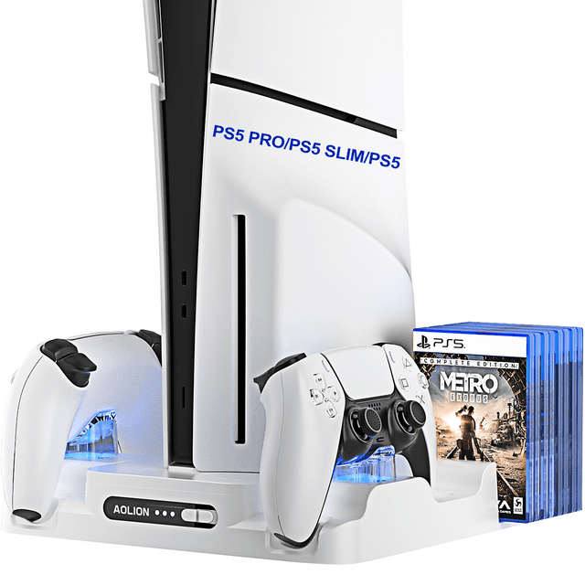PS5 Pro/Slim/PS5 versión con unidad/versión digital soporte para consola, con base de refrigeración y estación de carga para mandos, ventilador de refrigeración de 3 velocidades, ranura para medios