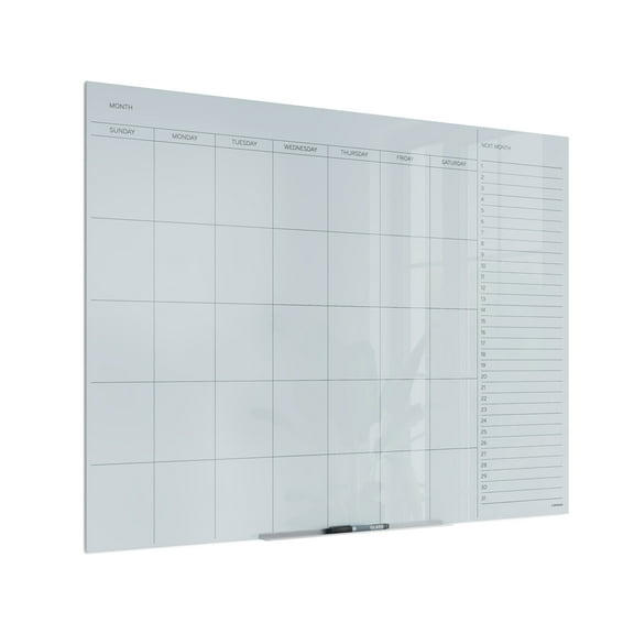 U Brands Floating Non-Magnetic Glass Dry-Erase Monthly Calendar Board, 48 X 36 Inches, White Frosted Surface, Frameless