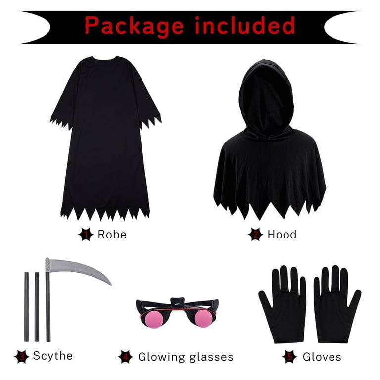 Déguisement Faucheuse Enfant Halloween – Costume Grim Reaper Avec Faux, Lunettes LED, Gants Phosphorescents Et Accessoires