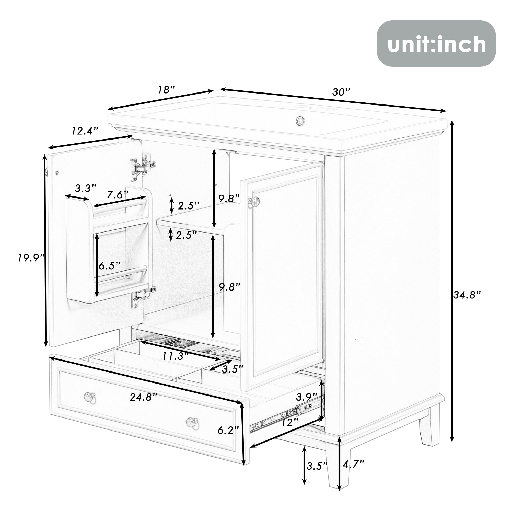 Harper & Bright Designs 30" Bathroom Vanity with Sink Combo, Multi-functional Bathroom Cabinet with Doors and Drawer, Solid Frame and MDF Board, Grey