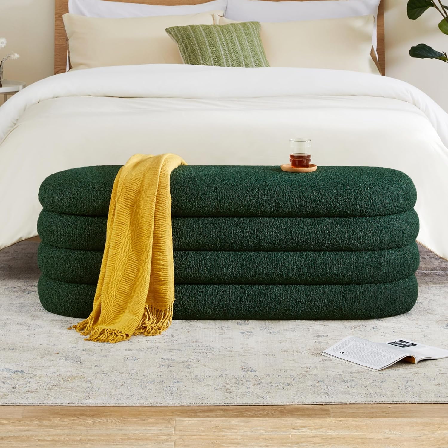 Storage Ottoman Bench Upholstered Fabric Storage Bench for Bedroom End of Bed Aesthetic Large Oval Ottoman for Living Room(Dark Green)
