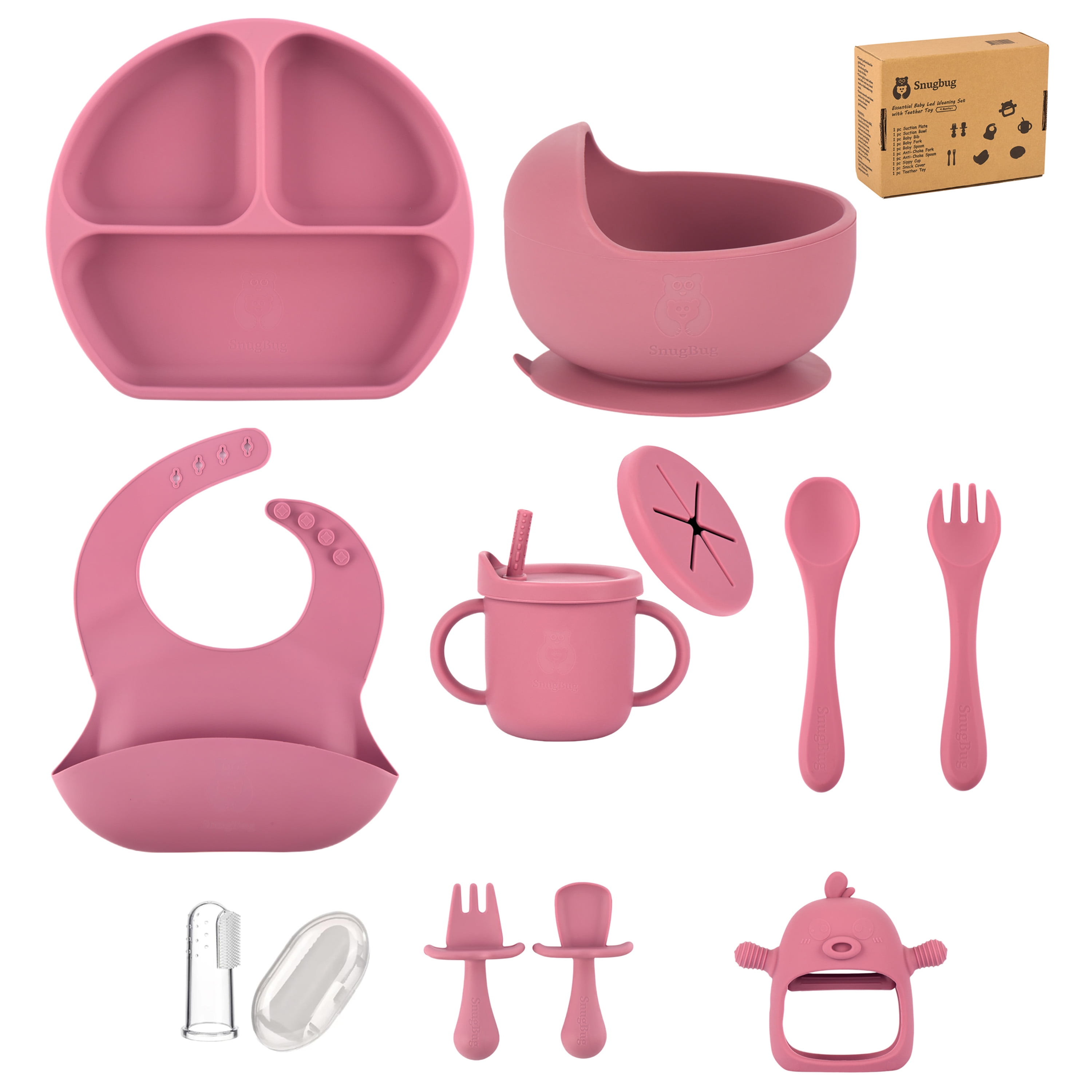 SnugBug 12-Piece Silicone Baby Bib Set with Sippy Cup, Plates, Bowl and Teething Toy