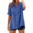 thumbnail image 2 of Linen Tops Women Beach Vacation Tshirts Flowy Tops For Women Peasant Blouse Womens Gauze Tops Office Work Tops Womens Summer Tops Roll Up Short Sleeve Peasant Tops For Women Blue2 L, 2 of 9