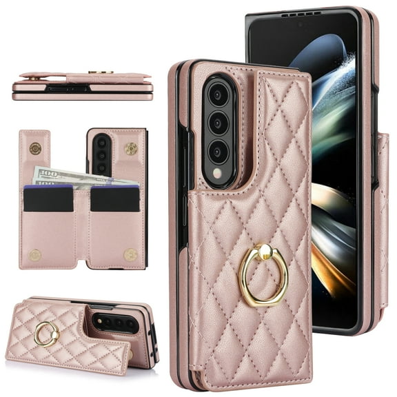 ELEHOLD for Samsung Galaxy Z Fold 3 Wallet Case,Luxury Premium Diamond Leather Rotatable Ring Credit Card Cash Slot Magnetic Clasp Kickstand Shockproof Protective for Samsung Galaxy Z Fold 3,Rosegold