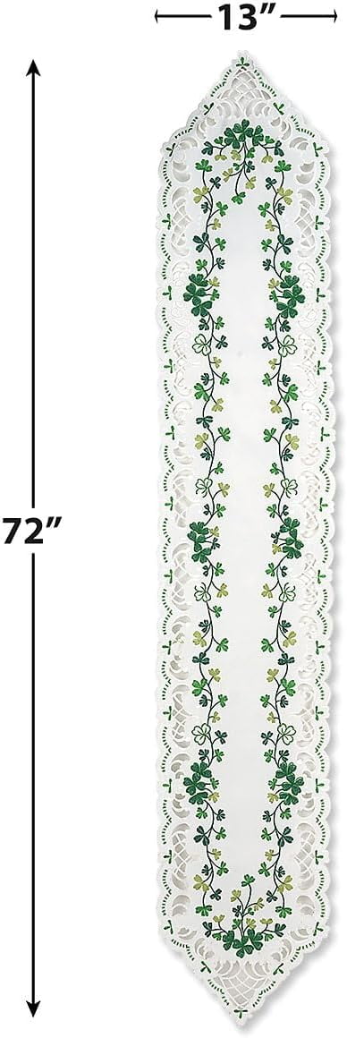 Current Irish Shamrocks Cutwork Table Runner - 13" x 72" Table Linen, Embroidered with Cut-Work, Machine Wash/Dry