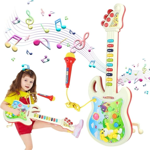 Style-Carry Toddler Guitar and Microphone Toys, Pretend Play Musical Instruments Educational Toys for Age 2 3 4 5 6 Girls Boys, Light and Sound Gifts