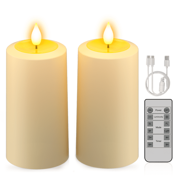 PChero Outdoor Waterproof Rechargeable Candles with Remote Timer, 2.7" x 6.1" Outdoor Candles Flickering Flameless Pillar Candles Battery Operated, Electric Fake LED USB Candles , Ivory, Set of 2