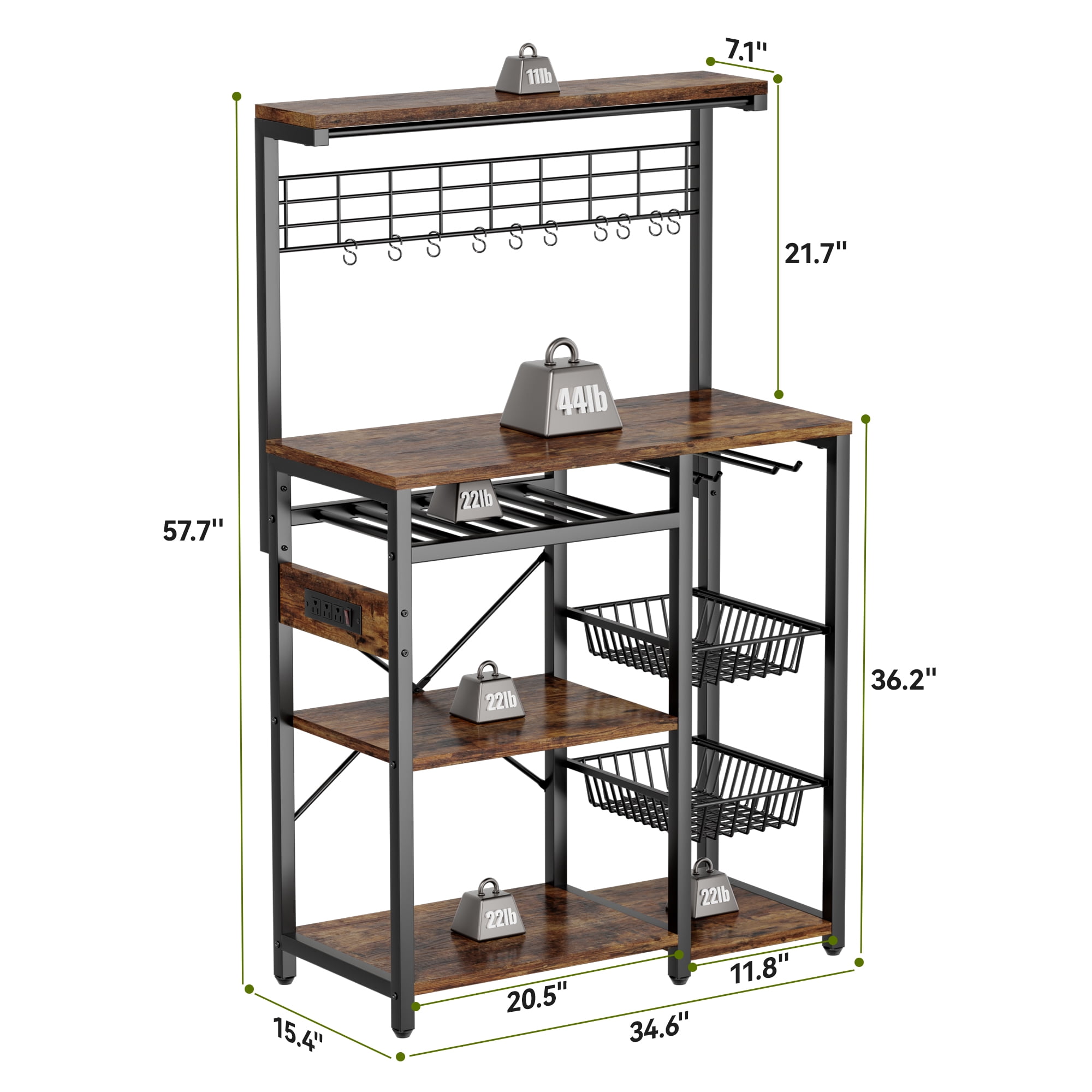 Keenstone Kitchen Bakers Rack with 3 Power Outlets, Microwave Oven Stand with 10 S-shaped Hooks ,Coffee Bar Table 5 Tiers , 2 Wire Basket, Wine Rack ,Rustic Brown