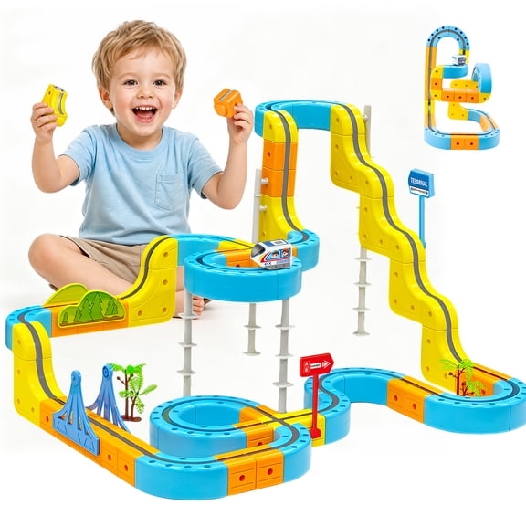 QOQ Electric Train Track Set for Kids, 172 Pcs Magnetic DIY Flexible Race Car & Train Building Cube Toy with Traffic Signs, STEM Educational Gift for 3- 8 Boys Girls