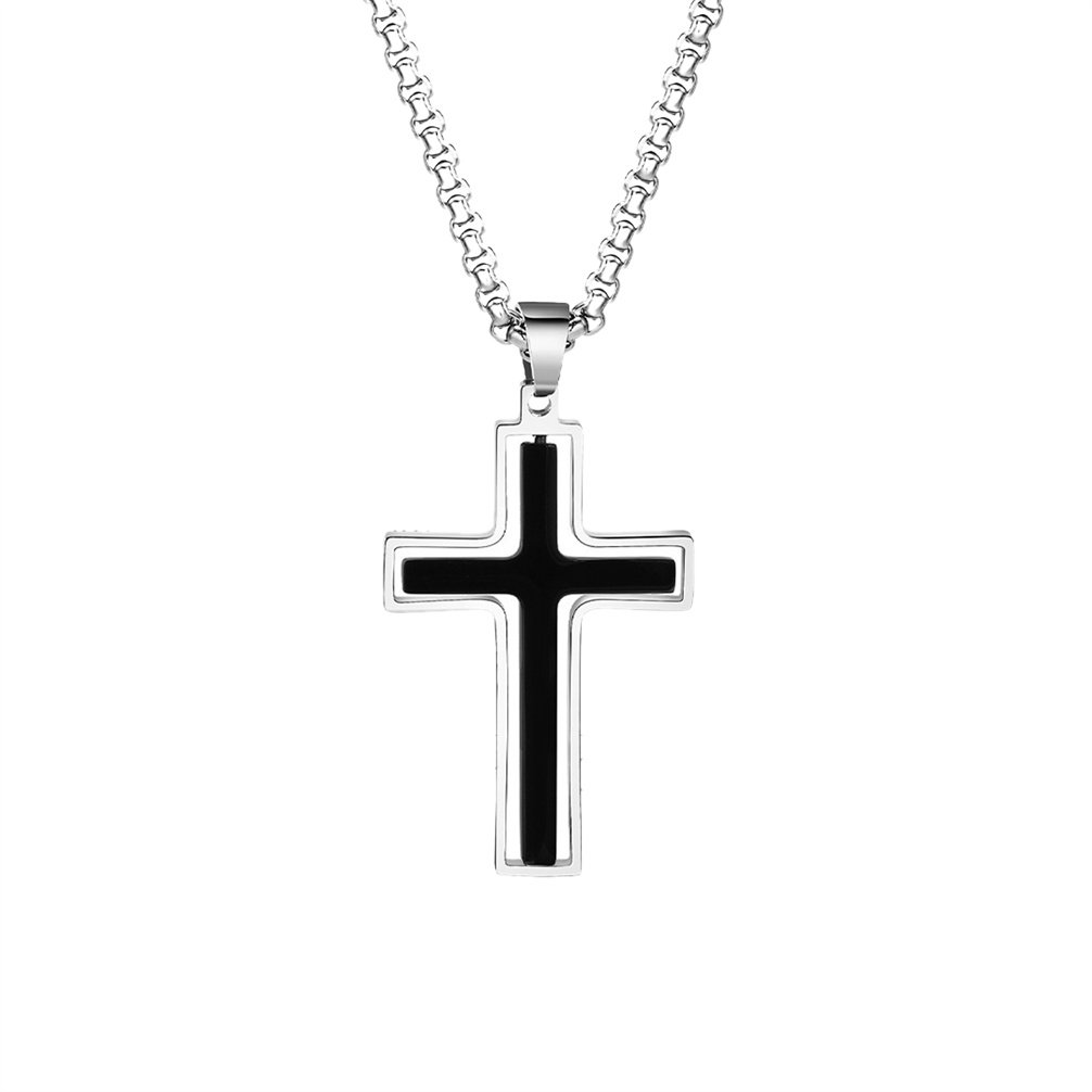 HIRPLIS Rotatable Cross Pendant Necklace for Women Men Box Chain Stainless Steel Religious Prayer Faith Punk Statement Personalized Gift Jewelry Black