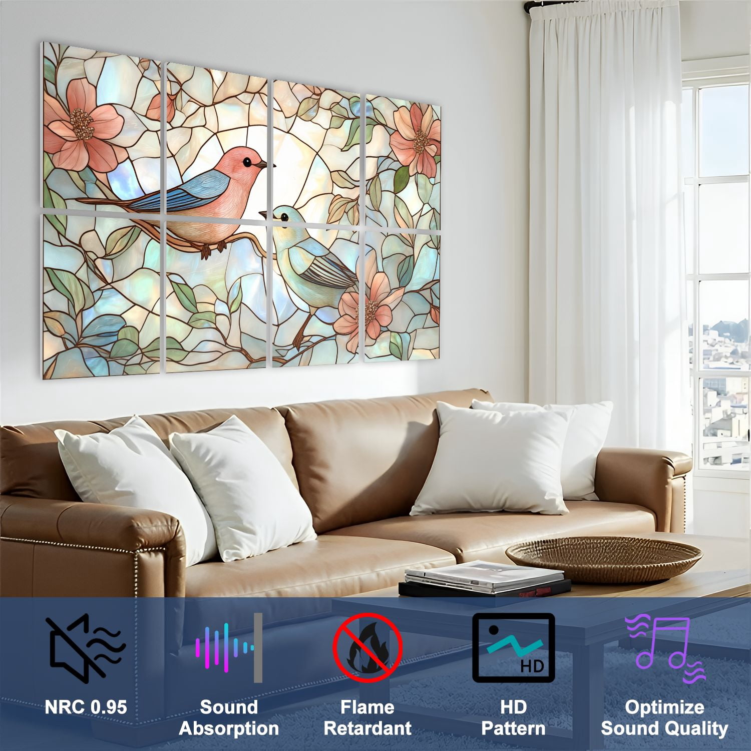 Stained Glass Style 8 Pack Art Acoustic Panels Sound Absorbing Birds Flowers Branches Decorative Soundproof Wall Panels Self Adhesive for Nursery Game Room Bedroom 48"x32"