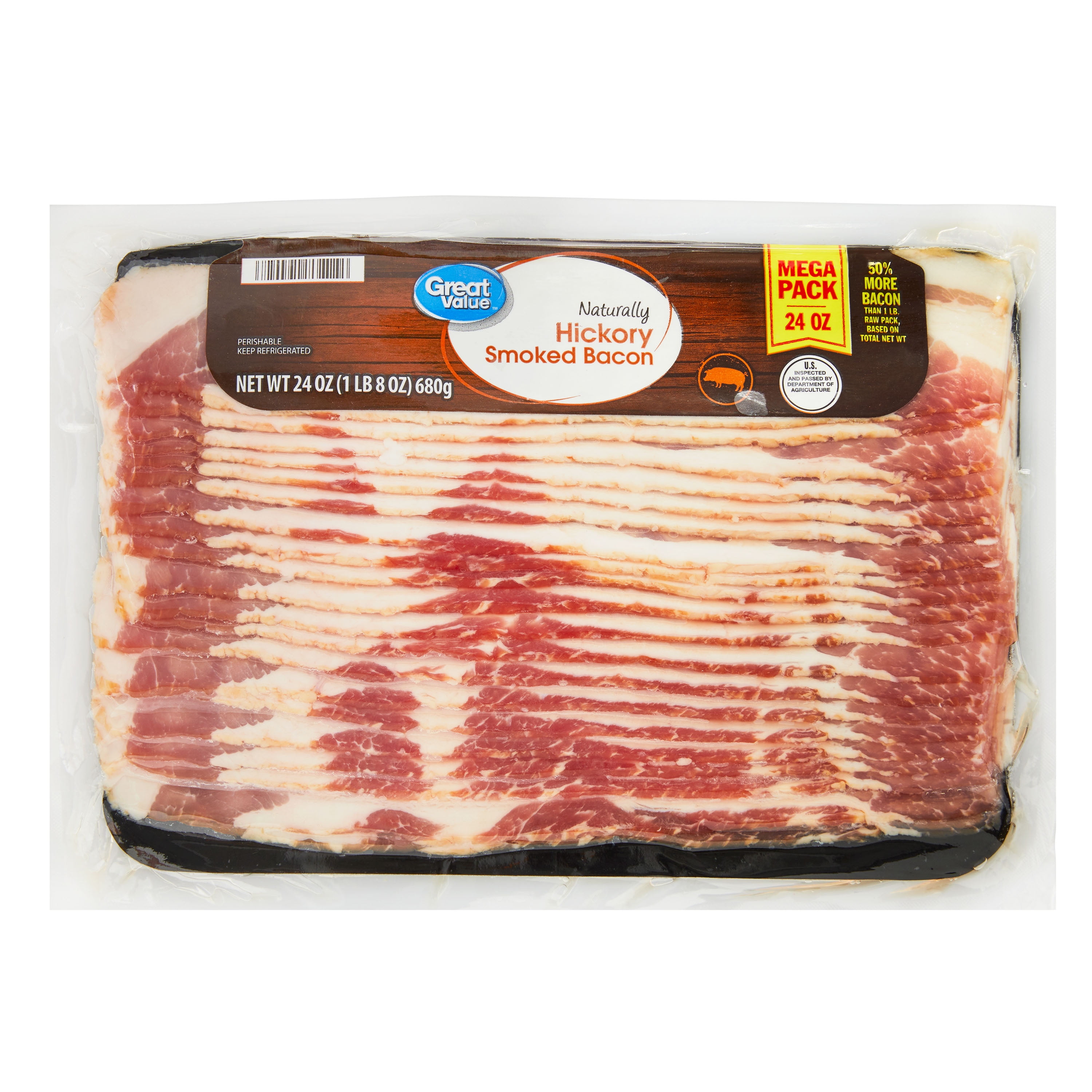 Great Value Hickory Smoked Bacon, Mega Pack, 24 oz