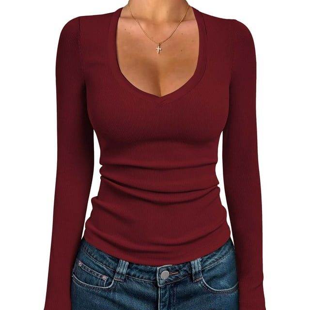 Wlynlyn Womens Long Sleeve Shirts V Neck Slim Fitted Ribbed Knit T-Shirts Solid Color Base Layer Undershirts