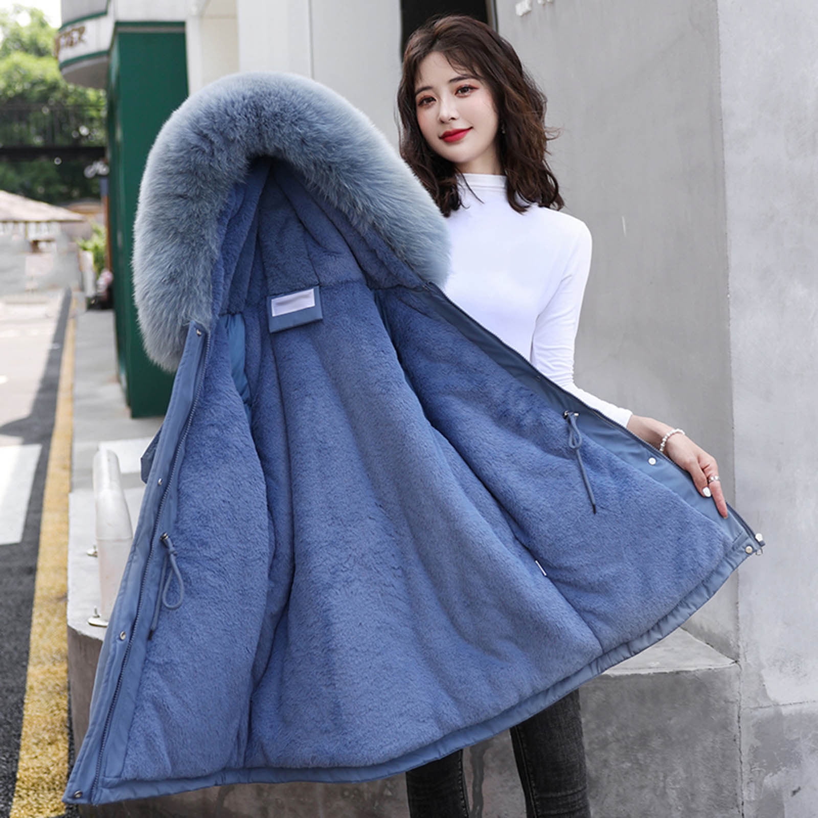 LMSXCT Pull De Noël à Col En V Pour Femme Avec Bordure En Fausse Fourrure - Imprimé Flocon De Neige - Tunique Confortable, Bleu, Petit