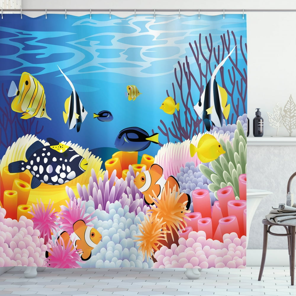 Fish Shower Curtain, Water Life with Different Kind of Fishes Coral