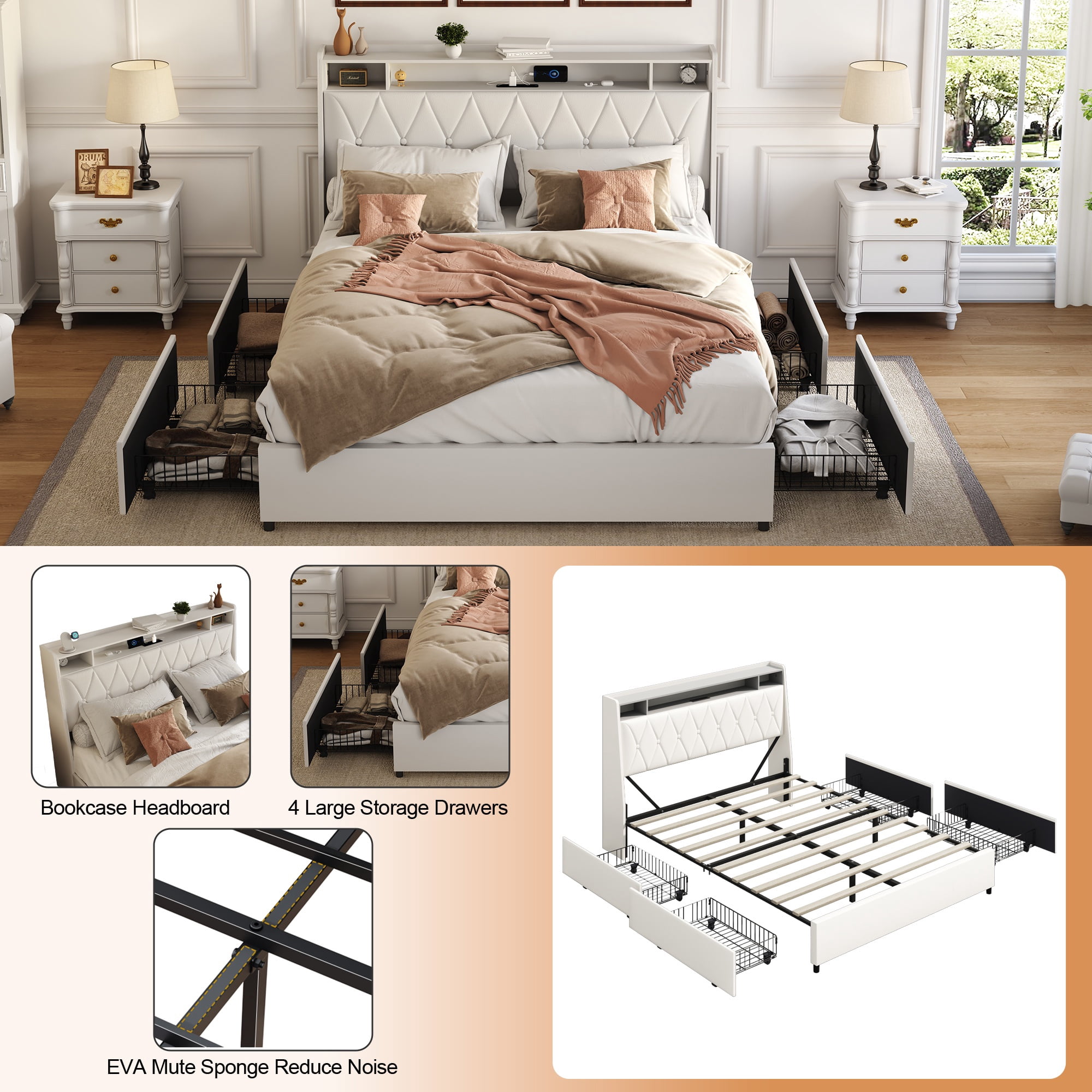 Bellemave PU Leather Upholstered Bed Frame Queen Size with 4 Storage Drawers Noise-reduced Queen Size Bed Frame with Bookcase Headboard and Charging Station (Queen, White)