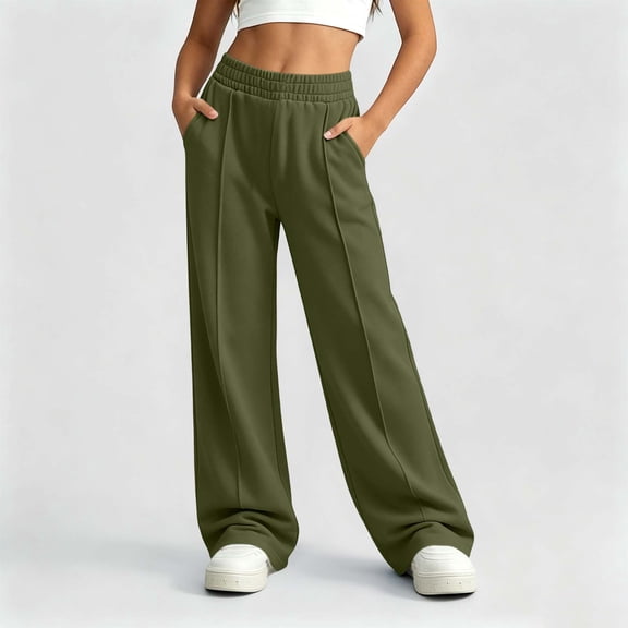 Lastesso Girls Wide Leg Sweatpants Fleece Baggy Fall Winter Warm Elastic Waist Sweat Pants with Pockets Army Green Size 5