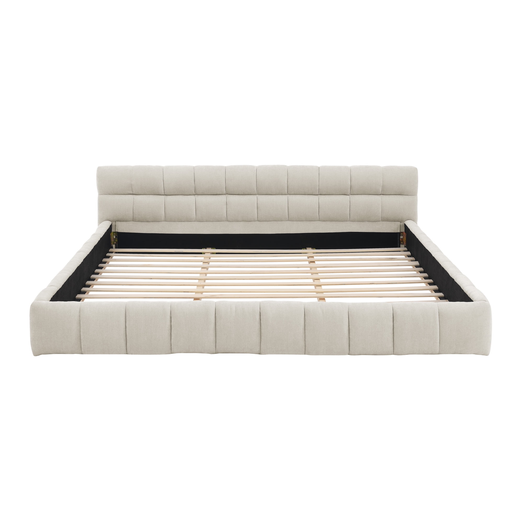 California King size Upholstered Bed Frame,Chenille Fabric Grounded Platform Bed with Headboard and Solid Frame,No Box Spring Needed, Beige