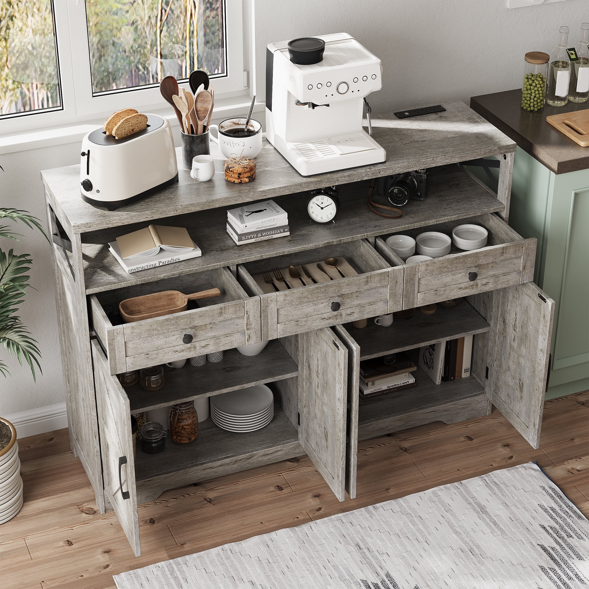 Veanerwood 52" L Farmhouse Buffet Cabinet with Drawers, Sideboard with Storage, Kitchen Pantry Cabinet Hutch for Kitchen, Dining Room, Livingroom, Grey