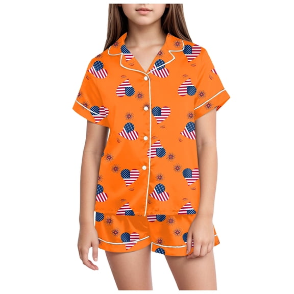 WUANDIXFA Girls Silk Pajamas 4th Of July Pajamas Kids Toddler Girl Boy Forth Of July Pjs Silk Sleepwear Nightwear Loungewear Summer Pj Set 4-5 Years,Yellow