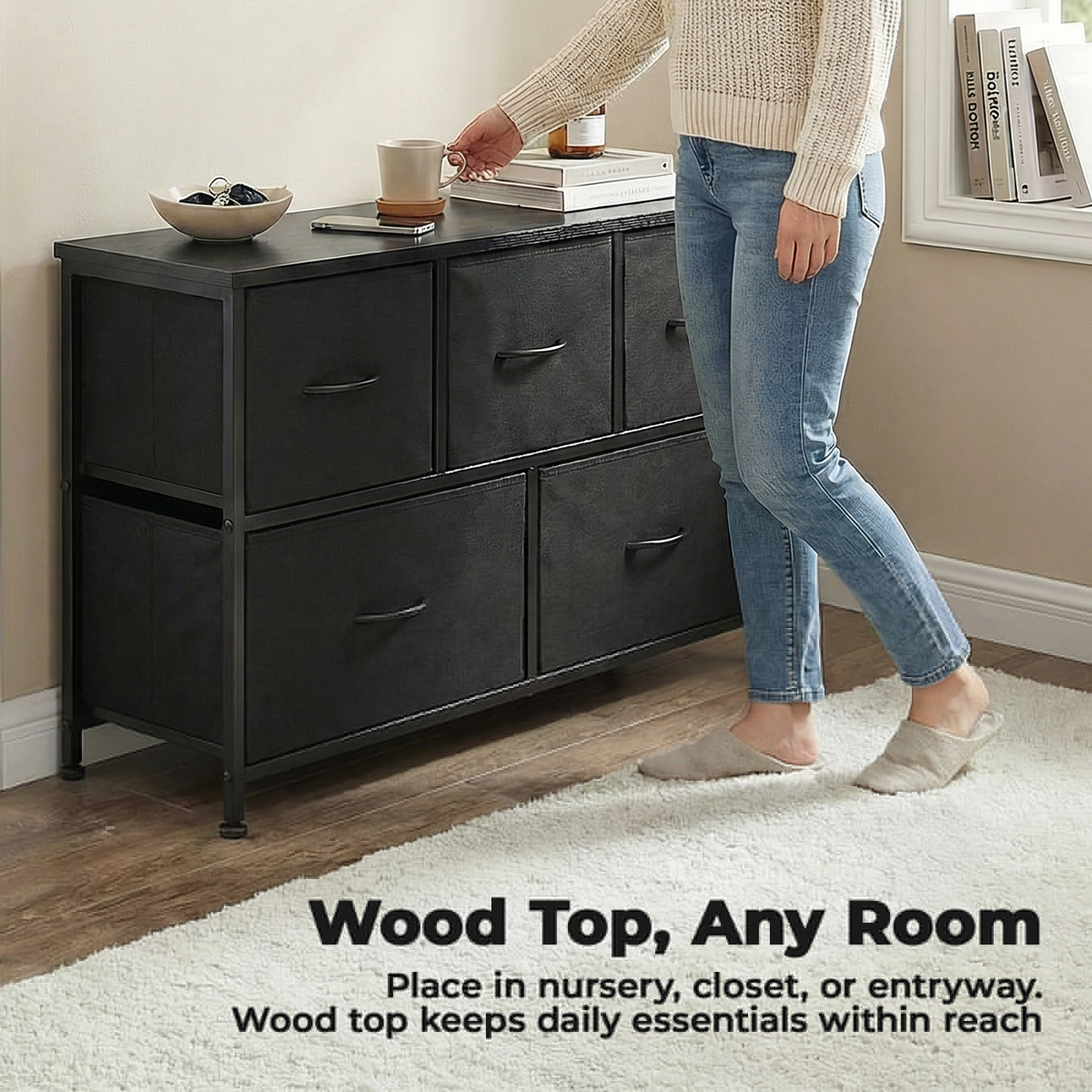 Alvantor Tall Dresser Fabric Storage Tower ,Wooden Top for Kid Room, Closet, Entryway, Nursery