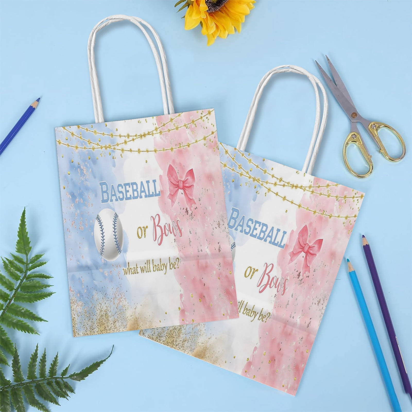 Baseball or Bows Gender Reveal Party Favor Bags, Boy or Girl Baby Shower He or She Pregnancy Reveal Surprise Party Supplies