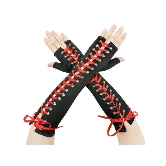 INSPIRE CHIC Women's Satin Lace Up Fingerless Gloves Solid Color Punk Arm Warmers One Size Black and Red Ribbon