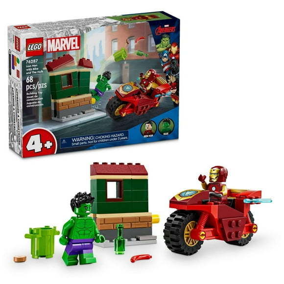 LEGO Marvel Iron Man with Bike and The Hulk Building Set, Easy Build Marvel Toy with 2 Minifigures, 76287, Includes 68 Pieces, Ages 4+