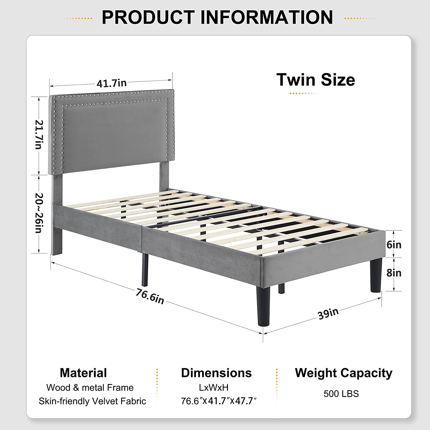Katkuca Twin Bed Frame, Upholstered Queen Size Platform Bed Frame with Adjustable Headboard, Strong Wood Slat Support, No Box Spring Needed, Dark Gray
