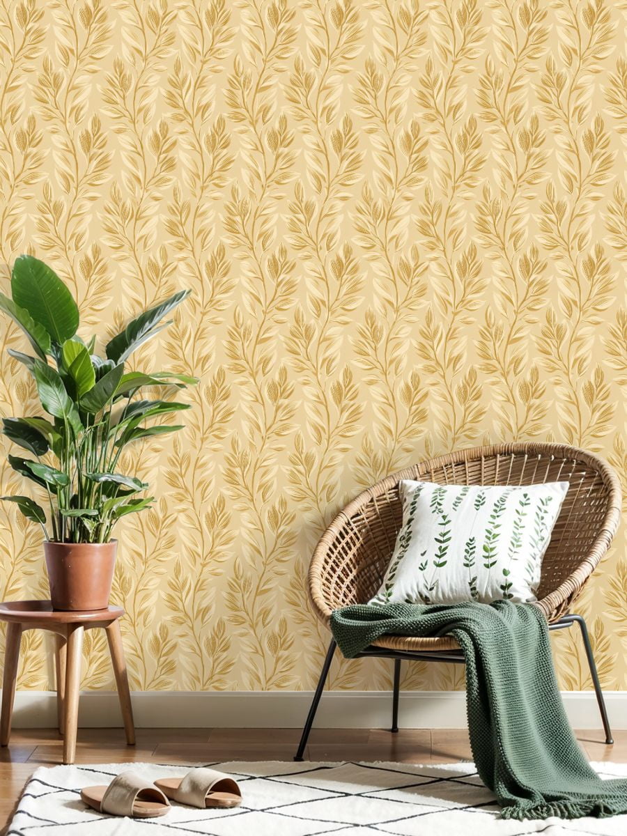 Peel and Stick Wallpaper Vintage Golden Leaf Cream Wall Mural 23.6in x 9.8ft Self Adhesive Removable Wall Paper Renter Friendly Wallpaper for Bedroom Studio Lake House