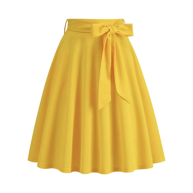 Gibobby mini faldas de mujer Falda con cinturón de bolsillo de color sólido retro de temperamento elegante para mujer(Amarillo, XXL)