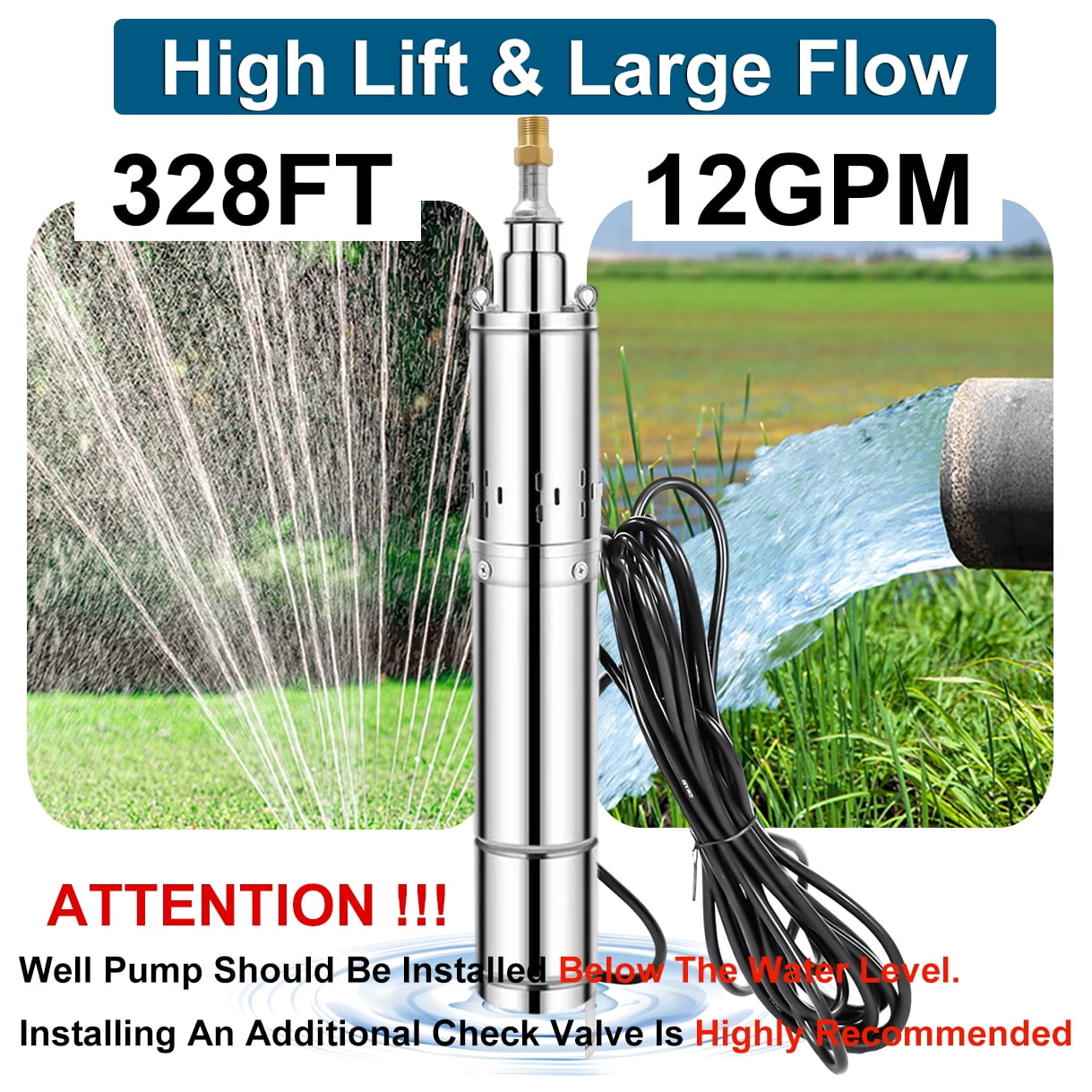 iMeshbean 1 HP 110V Submersible Water Pump, 4" Deep Well Submersible Pump, 328 ft Max Lift, 12 GPM