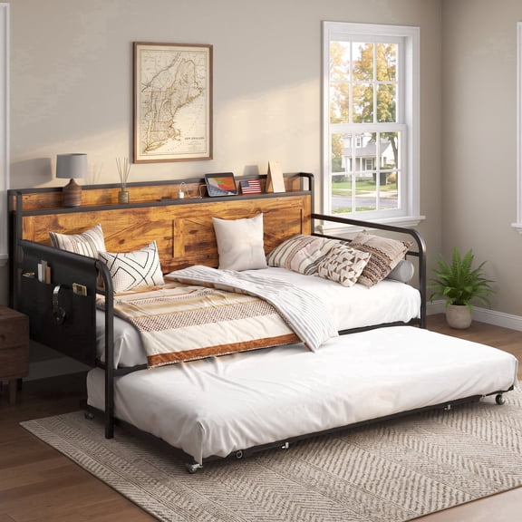 TimberVibe Studio Modern Contemporary Solid Wood Space‑Saving, Small‑Space Friendly Twin Daybed with Trundle, Charging Station and Storage Bag