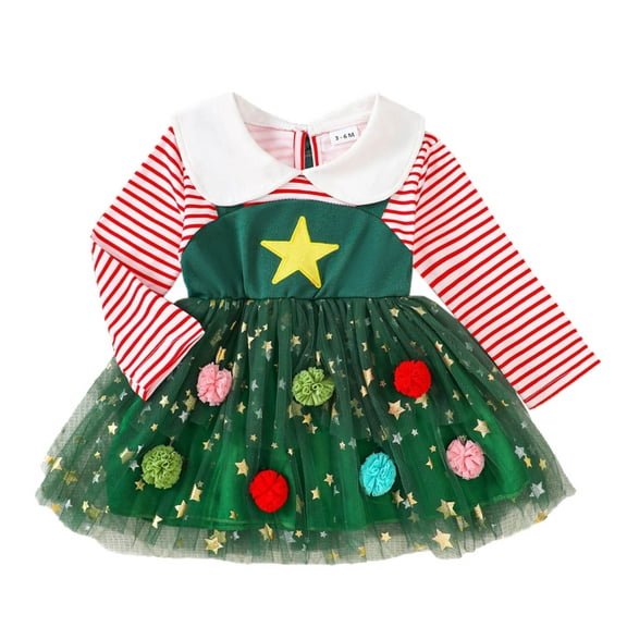 THDHVS Dresses for Girls,Toddler Girls Christmas Striped Mesh Dress Long Sleeve Round Neck Midi Length,Girls Long Sleeve Dress 18-24 Months