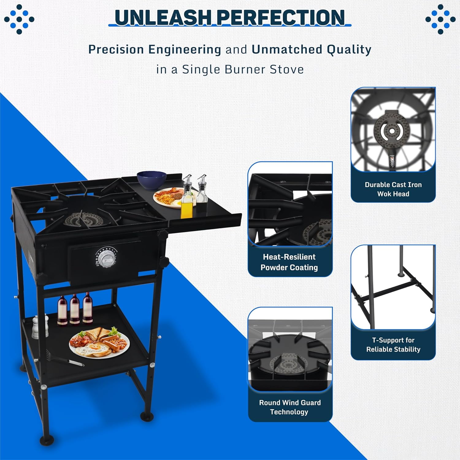 SONRET - Single Burner Propane Stove - 1,30,000 BTU - with Side Shelf & Bottom Shelf
